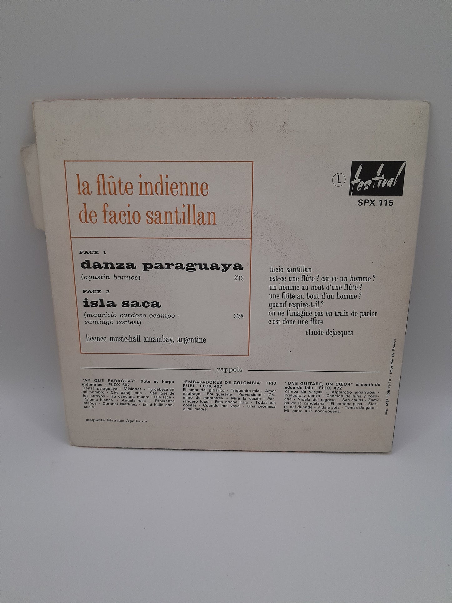 Vinyle 45 Tours "La Flûte Indienne" de Facio Santillan
