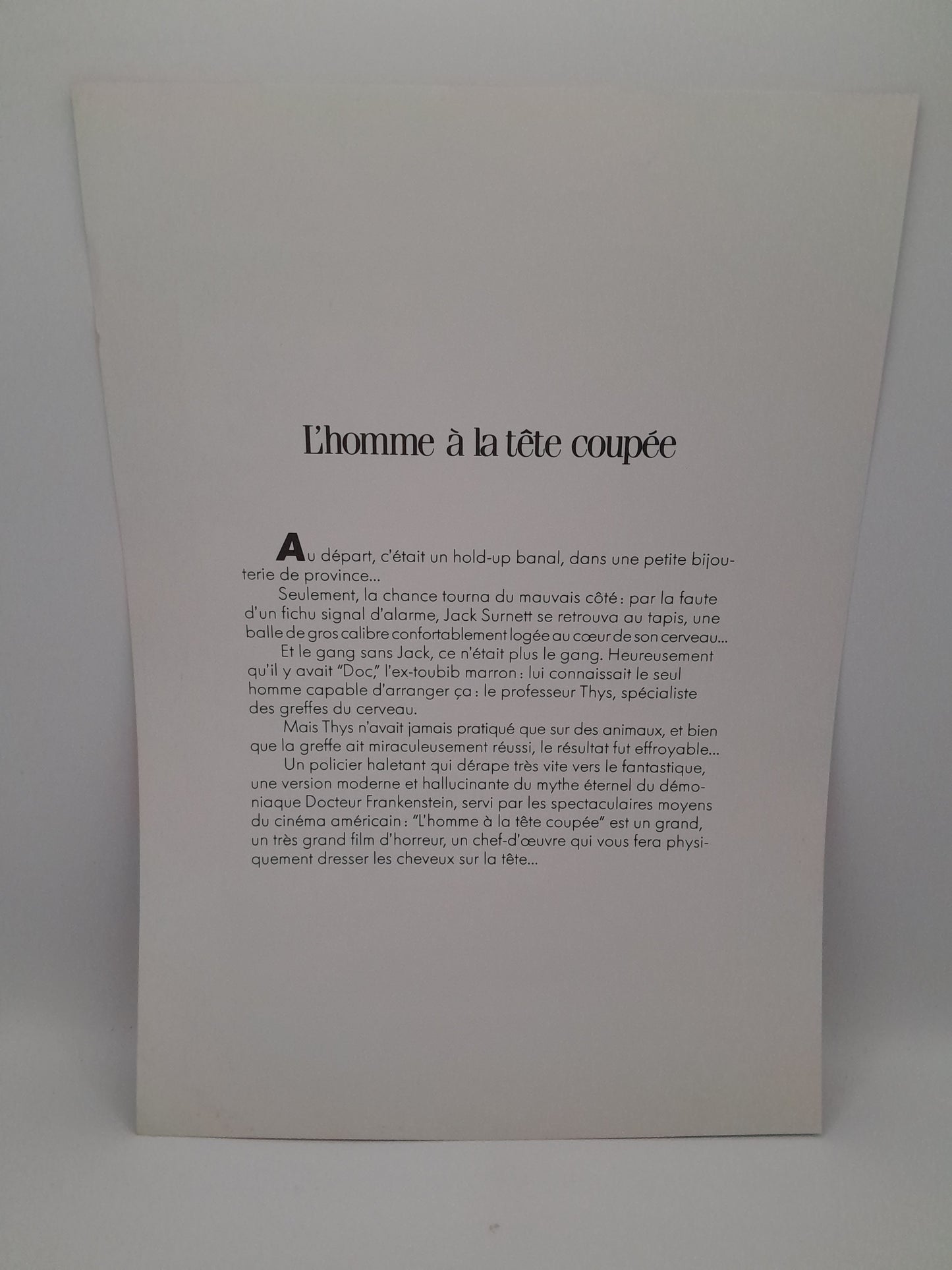 Affiche / Vidéo Club Film: "L'Homme à la Tête Coupée" 29 x 20.5 cm