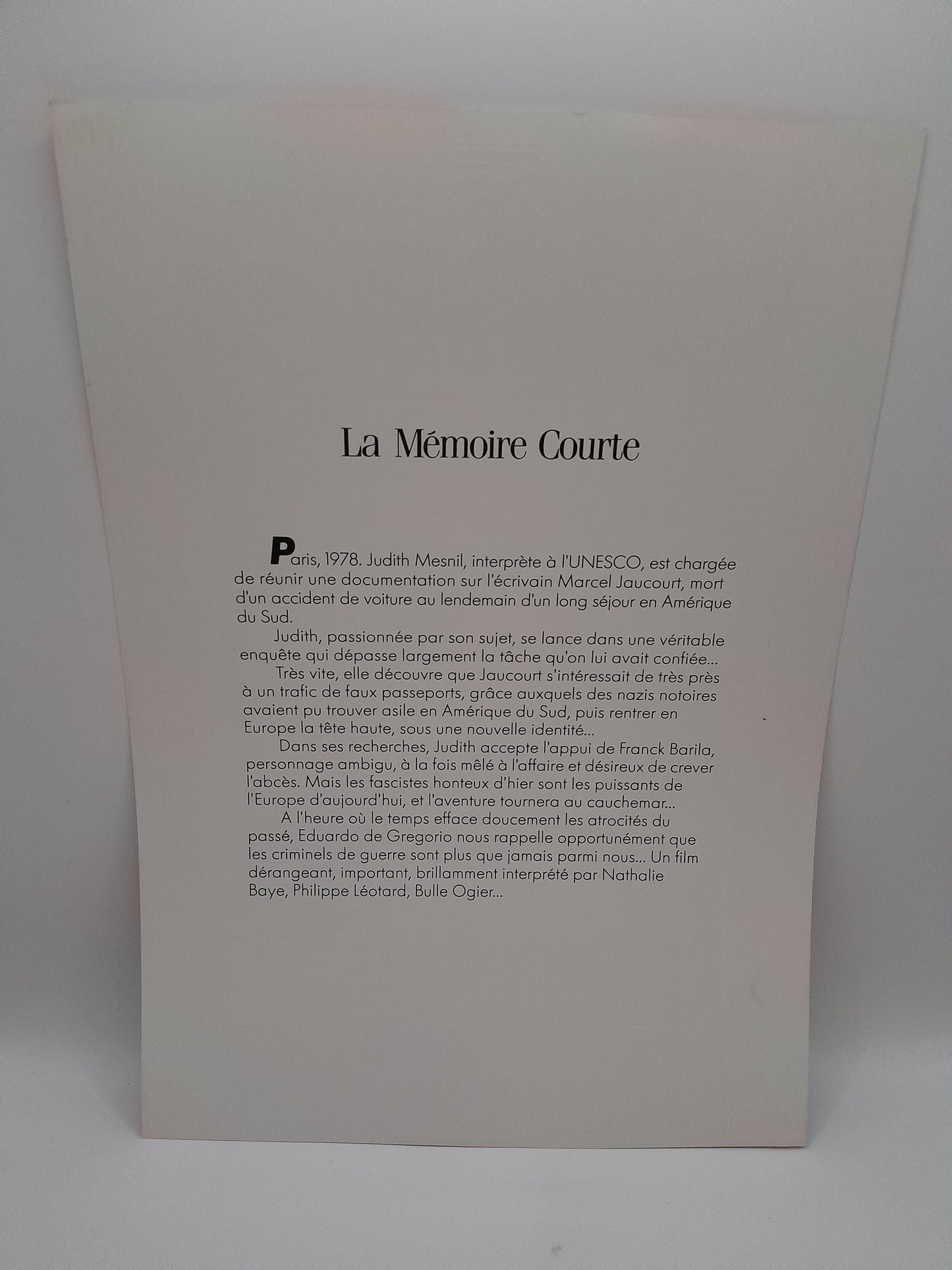 Affiche Vidéo Club du Film :La Mémoire Courte 29 x 20.5 cm