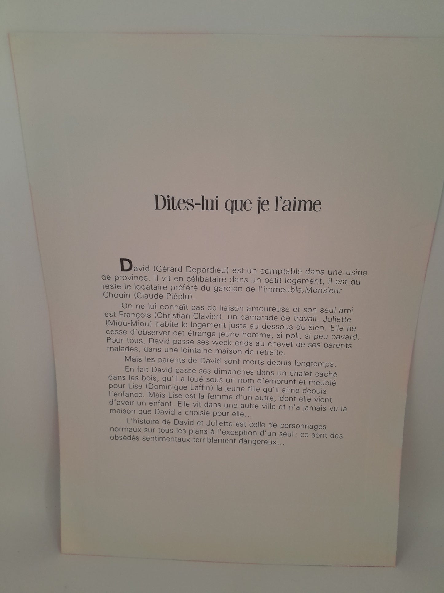Affiche Vidéo Club du Film "Dites-lui que je l'aime"29 x 20.5 cm